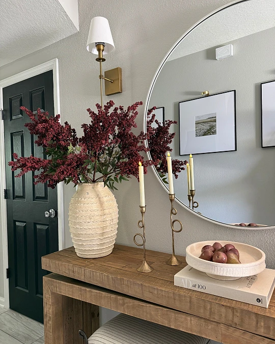 Burgundy Florals on a Wood Console