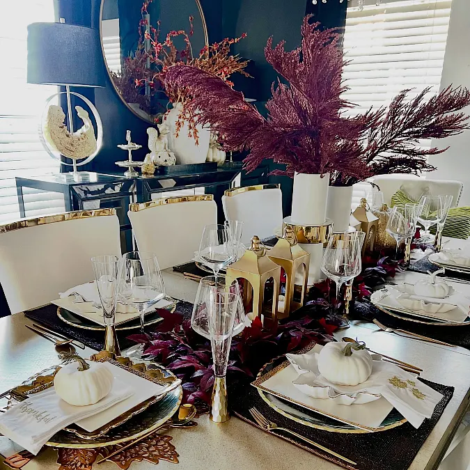 Burgundy Foliage + Gold Table Accents