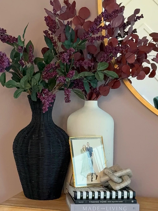 Burgundy Stems with Black Woven Vase