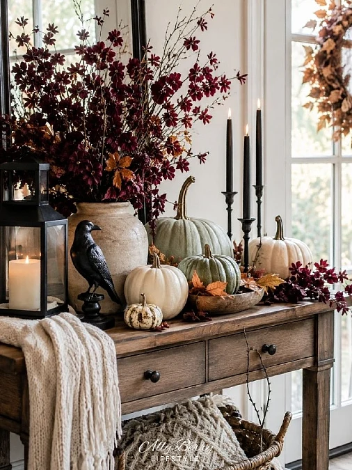 Burgundy Florals + Sage Pumpkins + Black Candles