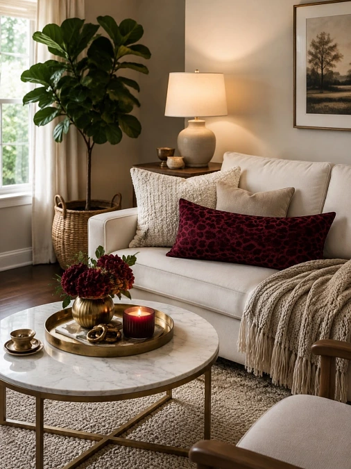 Burgundy Accents in a Cream Living Room