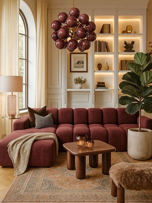 Burgundy Sectional with Sculptural Lighting