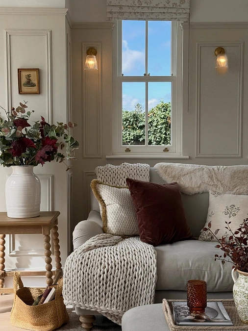 Burgundy Velvet in a Soft Cottage Living Room
