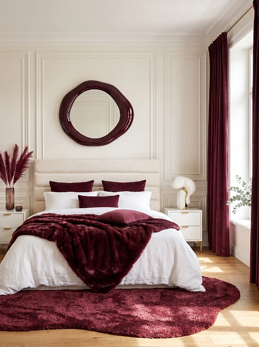 Burgundy Curtains + Plush Bedding + Matching Rug