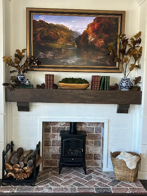 Framed Autumn Art + Dark Wood Mantel