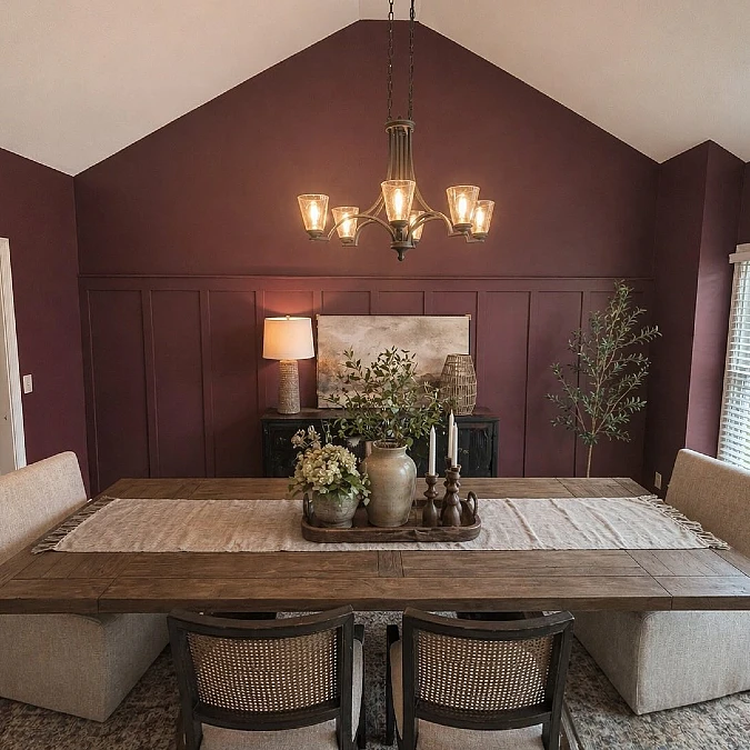Burgundy Walls with Warm Wood Dining