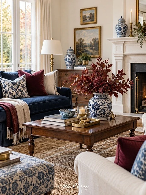 Navy Sofa + Burgundy Accents + Chinoiserie