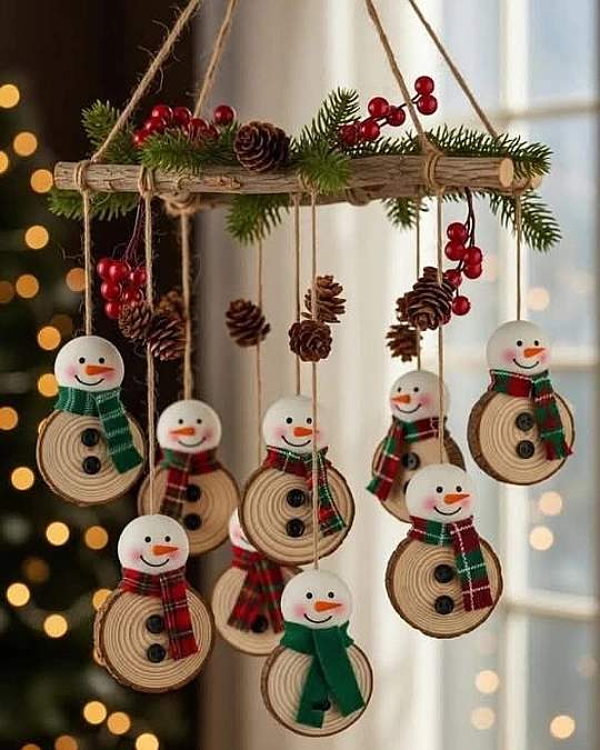 Rustic Wood Slice Snowman Mobile