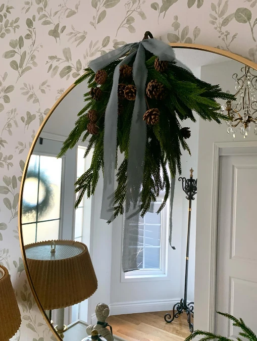 Evergreen Mirror Swag with Velvet Ribbon