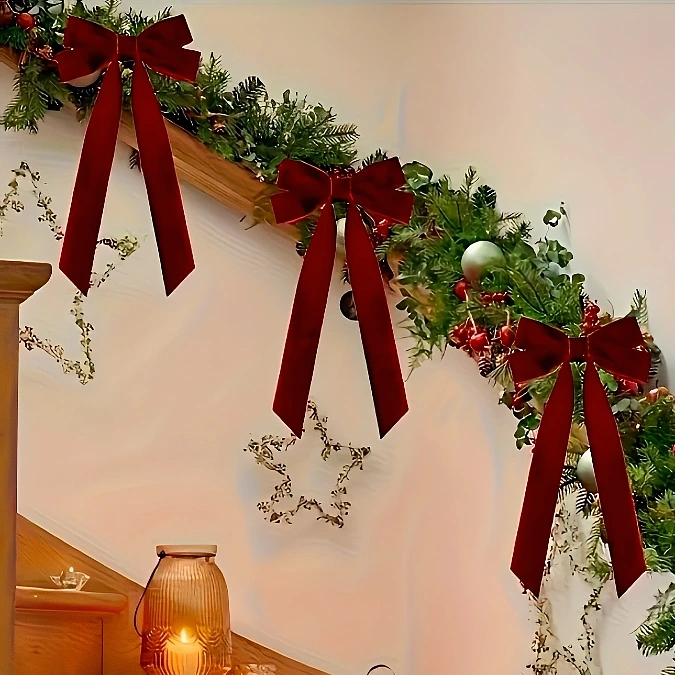Staircase Garland with Burgundy Bows