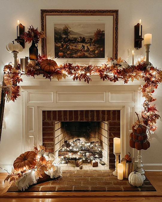 Glowing Pumpkin and Leaf Mantel