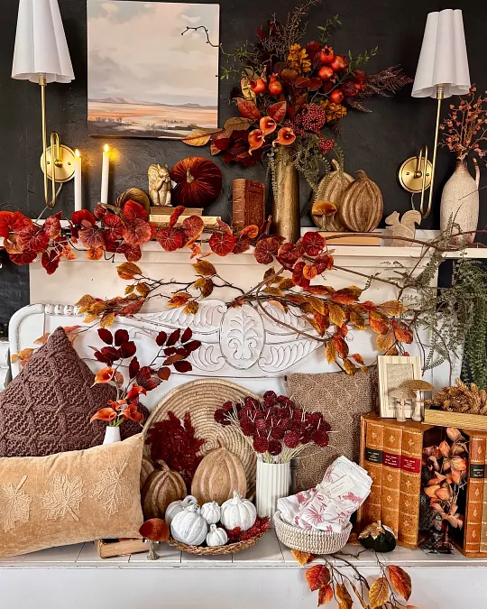 Moody Autumn Mantel with Velvet Pumpkins