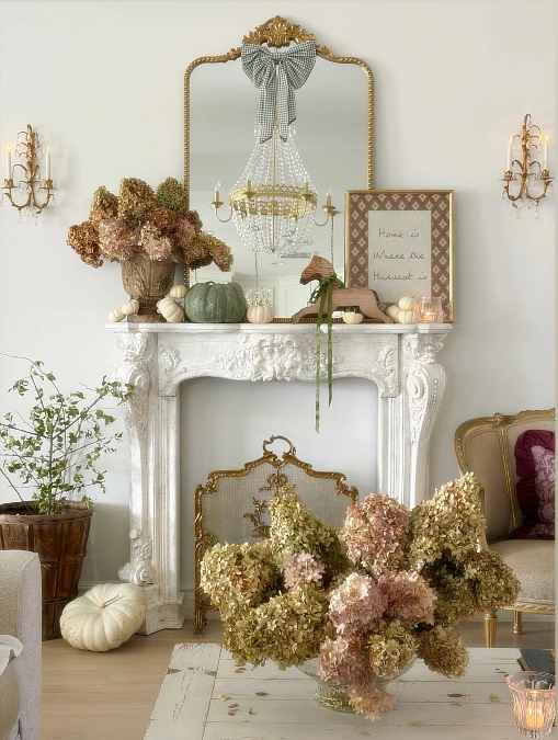 Vintage Hydrangea Fall Mantel