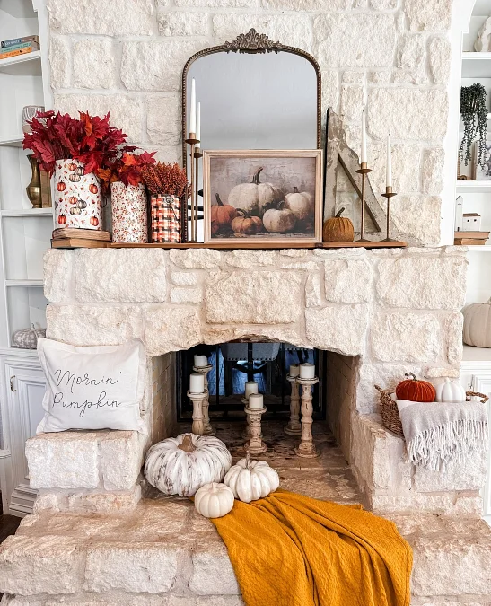 Stone Fireplace + Pumpkin Art + Taper Candles