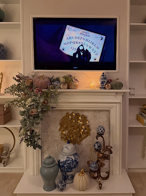 Pastel Pumpkins and Blue Porcelain Mantel