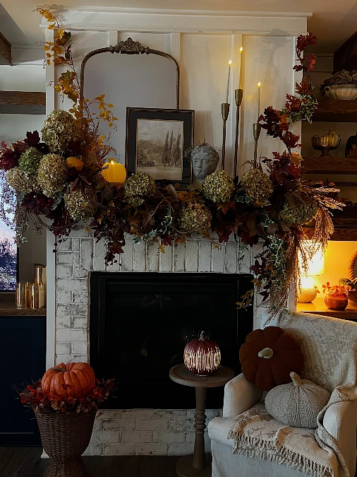 Hydrangea and Brass Candle Mantel