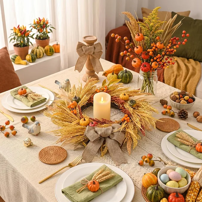 Wheat Wreath and Pumpkin Table