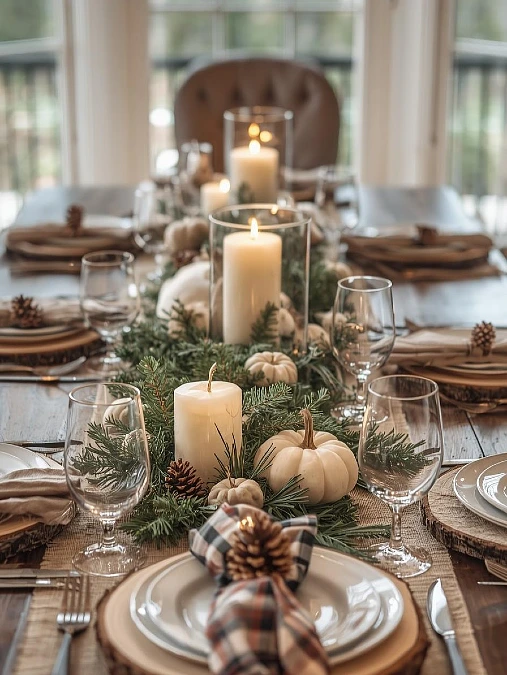 Evergreen + White Pumpkin Candle Table