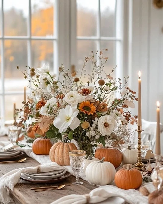 White Florals + Pumpkins + Brass Candlesticks