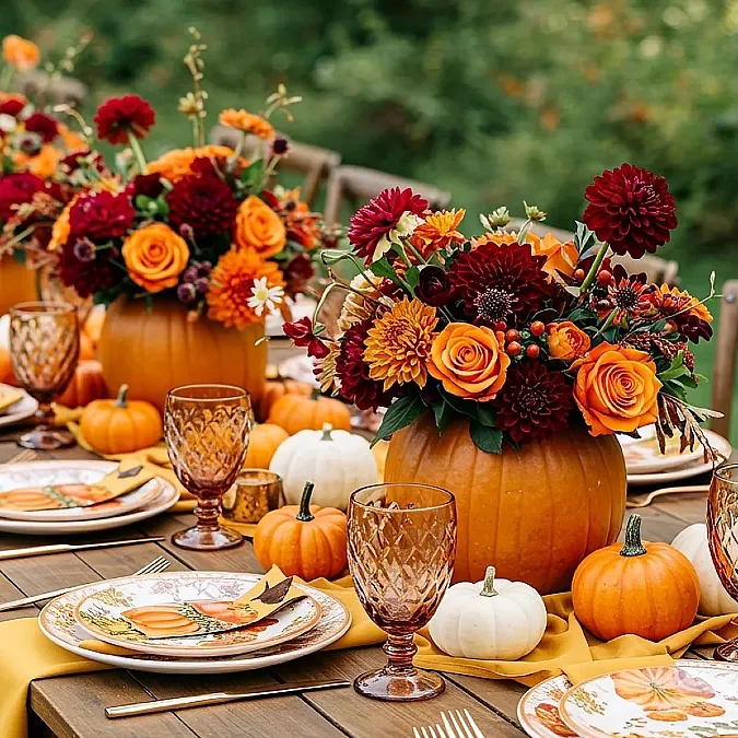 Pumpkin Vases + Burgundy Blooms + Orange Roses