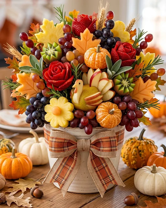 Colorful Fruit Bouquet with Autumn Plaid Accents