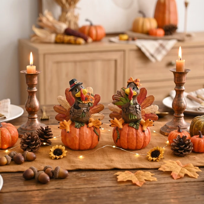 Turkey Figurines + Mini Pumpkins + Candlelight