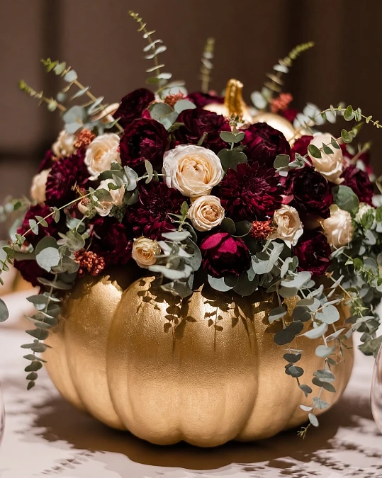 Burgundy Roses in a Golden Pumpkin