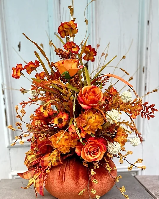 A Rustic Pumpkin Bouquet with Plaid Ribbon