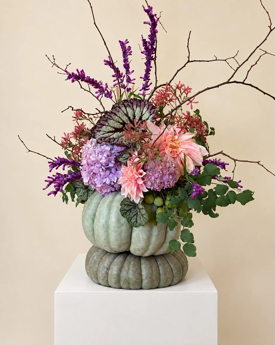 Sculptural Sage Pumpkins with Lavender Blooms